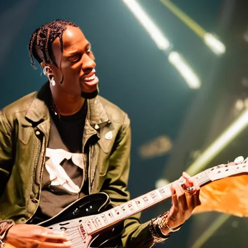 Image similar to Travis Scott playing on guitar at the stage, by studio Pixar,
