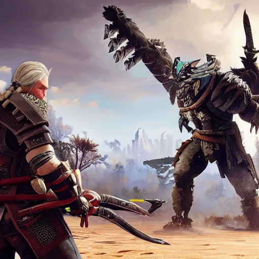 Image similar to Geralt fighting a Thunderjaw machine from Horizon Zero Dawn in the style of an oil painting
