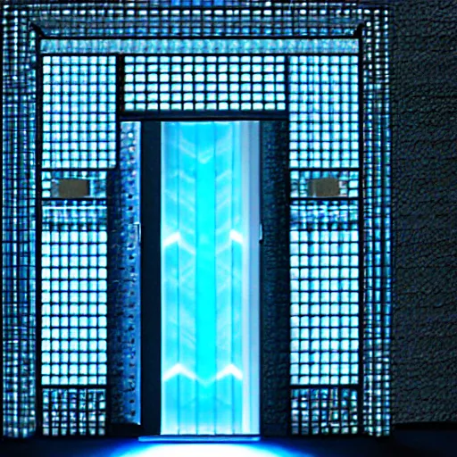 Image similar to a blue hexagonal door from the movie tron : legacy