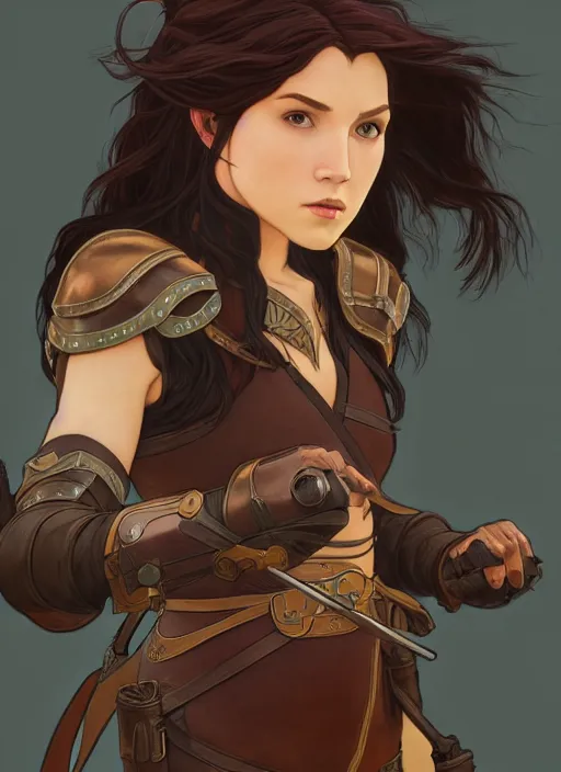 Prompt: strong female rogue in leather armor and cloak with long glowing brown hair, path traced, highly detailed, high quality, digital painting, by studio ghibli and alphonse mucha, leesha hannigan, makoto shinkai, disney