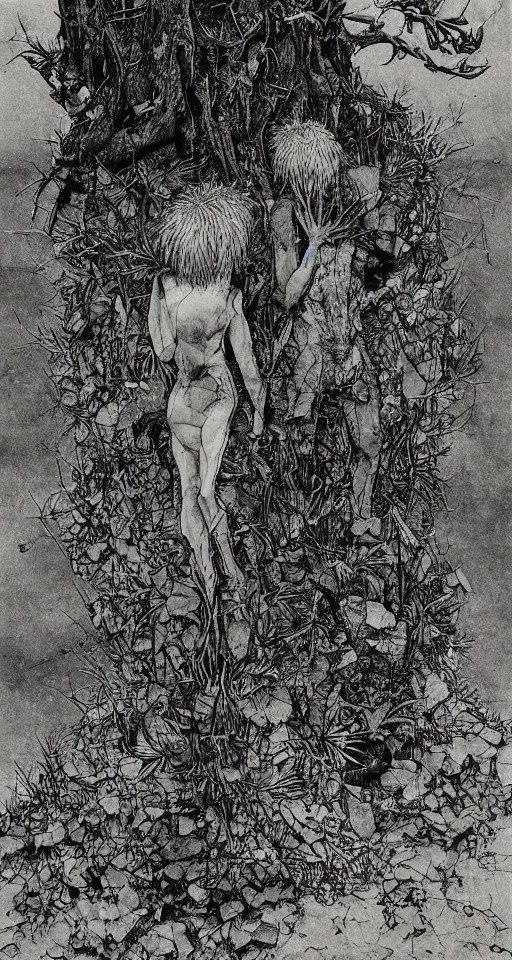 Image similar to on the street of abandoned town 2 people standing huddled together, spiny giant plants bursting through them in the style of Takato Yamamoto and Francis Bacon and Norman Rockwell and Beksinski, very coherent, ultradetailed