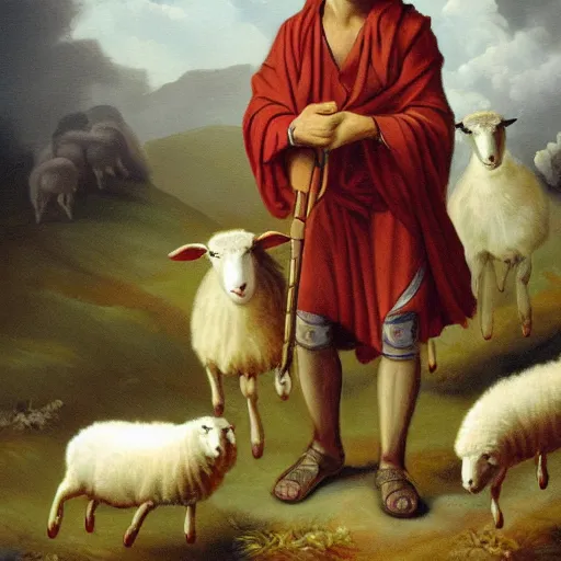 Image similar to realistic painting of abel the shepherd of sheep, shepherding the flock, in the style of miguelangel