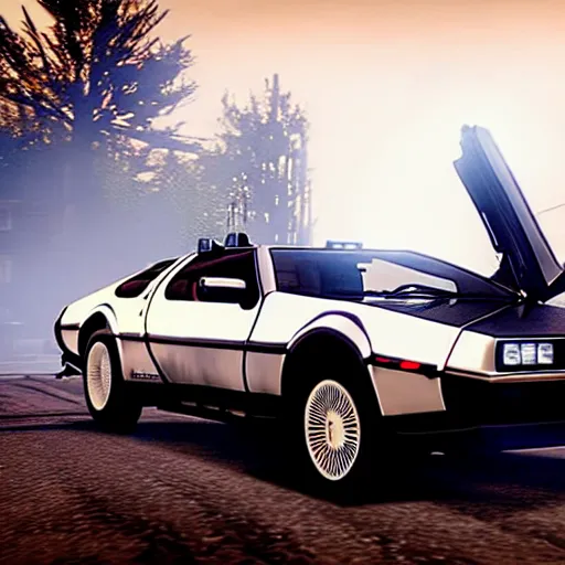 Image similar to dmc 1 2 delorean with a jet engine on the back in red dead redemption 2