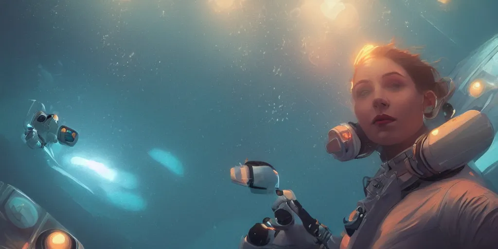 Image similar to woman astronaut underwater in the ocean at night, volumetric lighting, glowing lights, 4k, octane, digital painting, artstation, concept art, sharp focus, illustration, art by artgerm and greg rutkowski and alphonse mucha