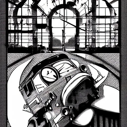 Prompt: there is a freight train of emotion stuck in my lungs black and white in the style of Dieselpunk, graphic manga, haunting maximillien tuor painting with photoshop halftone highlights chromatic risograph print, intricate very detailed by John Stephens and Don Jondro, #illustration trending on artstationHQ,