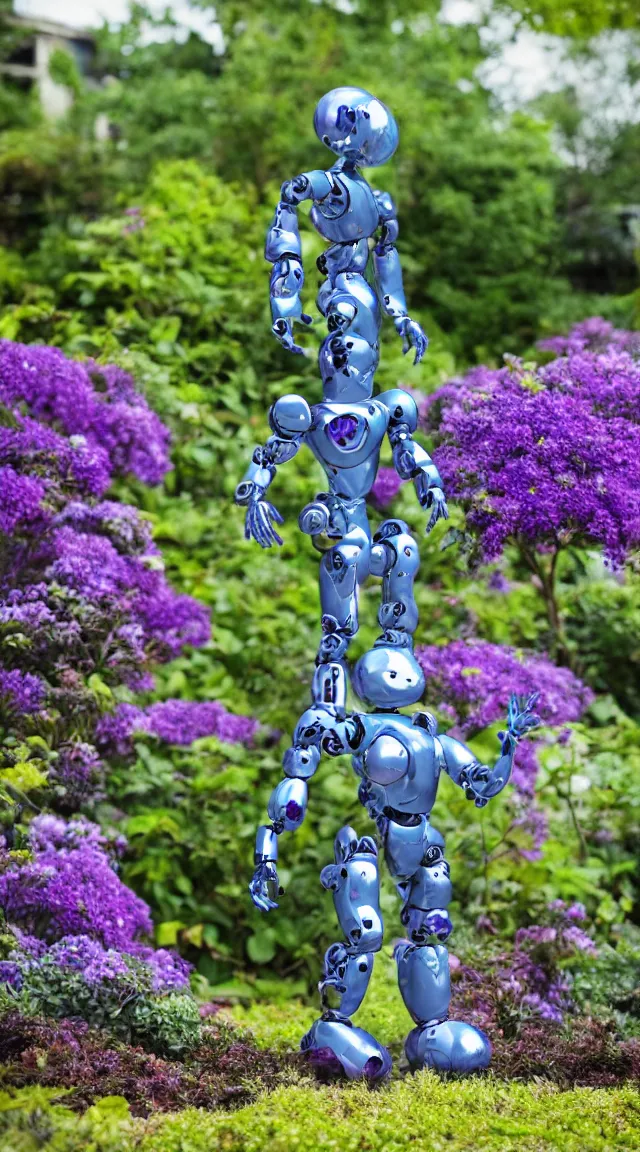 Image similar to single toy humanoid robot in a garden looking around, hyper detailed, sharp focus, bokeh, unreal engine, ray tracing, cute, fantasy, sci fi, purple flowers, blue flowers, violet flowers, glowing flowers, tiny, small, hyper realistic, sky