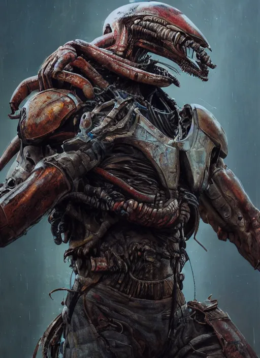 Image similar to a photorealistic dramatic hyperrealistic portrait render of predator the alien hunter, ultra realistic details, well worn, rust, oil stains by wlop, greg rutkowski, alphonse mucha vitaly bulgarov and mike nash, beautiful dramatic dark moody tones and lighting, cinematic atmosphere, studio lighting, global illumination, shadows, dark background, concept design art octane render, 8 k