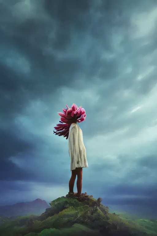 Image similar to closeup giant dahlia flower as head, girl standing on mountain, surreal photography, blue storm clouds, dramatic light, impressionist painting, digital painting, artstation, simon stalenhag