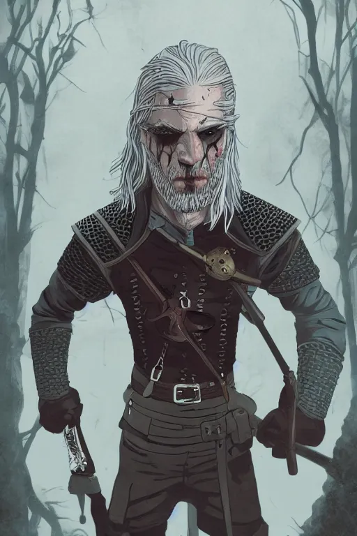 Image similar to geralt of rivia in sleepy hollow, full body, big two toned eyes, teeth gritted, horror, intricate details, cinematic, epic, realistic, anatomy, tomer hanuka, uplight, artstation, photorealistic, scary