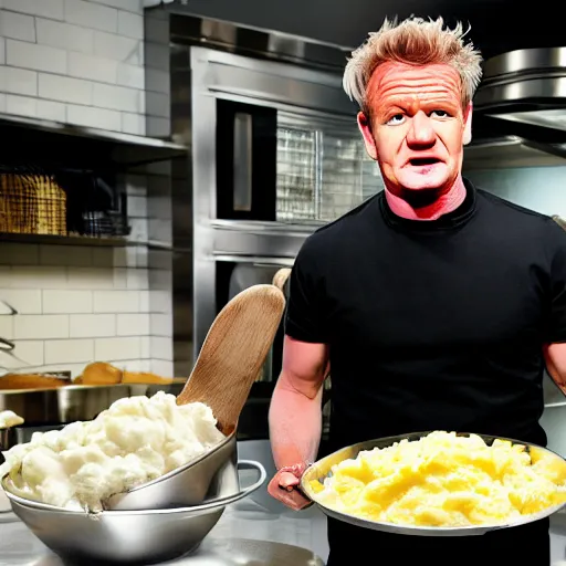 Image similar to < photo hd trending > gordon ramsey yells at an incredibly oversized plate of mashed potatos < photo >