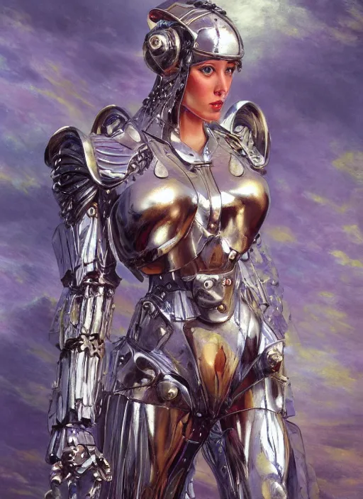 Image similar to a biblical diabolical beautiful female valkyree android, shiny plastic armor, fly, dynamic pose, splashing, heavy eyes to the side, closeup, bright glowing veins, in clouds, rain, sunset, portrait, by gerald brom, by mikhail vrubel, by peter elson, muted colors, extreme detail, reflections, trending on artstation, 8 k