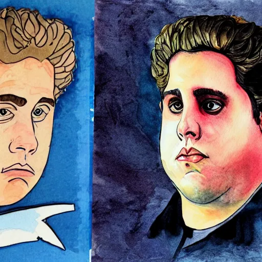 Image similar to jonah hill, stylized. Watercolor and ink. 1970s.