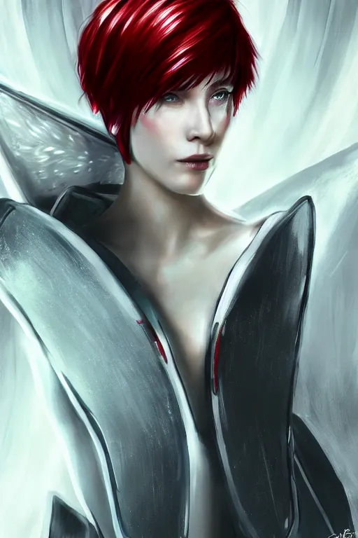 Image similar to white arc-angel with mystic robotic wings, blade runner, akira with red hair, ghost in the shell, 2077, ultra detailed, digital art, 8k ,character ,realistic, portrait, hyperrealistic