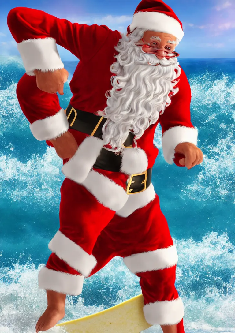 Image similar to 3d rendering of Santa Claus wearing swim suit, surfing on the beach, photo realistic image, super detailed, 4K,cinematic look