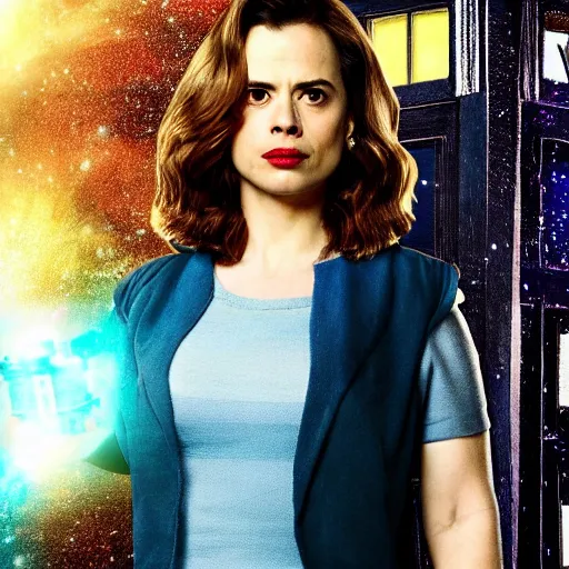 Image similar to a beautiful full body photograph of hayley atwell as the doctor from doctor who posing in front of the tardis, symmetrical face, extreme realism and detail, 8 k, completely framed, direct lighting, 3 5 mm photo, photorealistic, sharp focus
