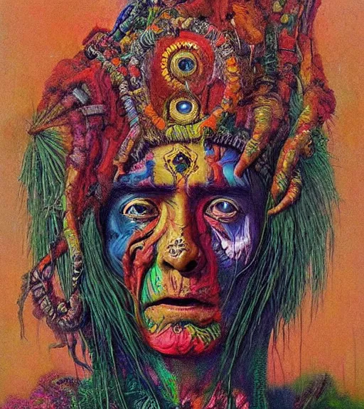 Image similar to Portrait painting in a style of Beksinski mixed with Alex Grey of an old shaman dressed in a colorful traditional clothes. Very psychodelic