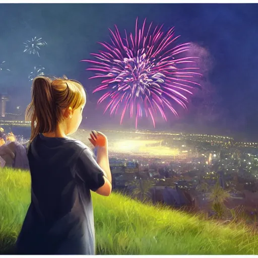 Prompt: girl watching watching fireworks on a hill, digital art, by ben weiner, richard estes, range murata, akiyuki shinbou, yoshitaka amano, wlop, highly detailed, realistic, cinematic, bold colours, photorealism, 4 k, wide angle lens, trending on artstation, artgerm