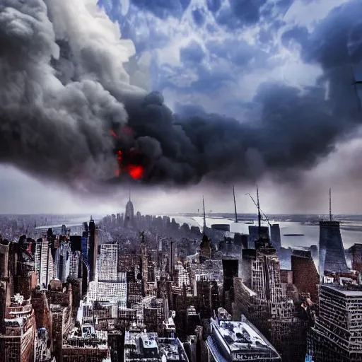 Image similar to dystopian, destroyed new york city, real, blue sky, smoke, red clouds, detailed, award winning, masterpiece, photograph, cinematic