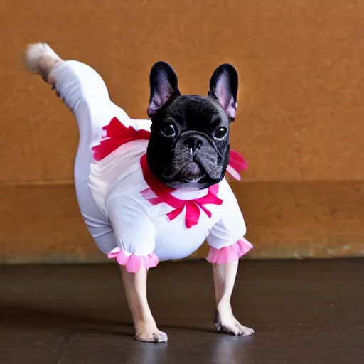 Prompt: a french bulldog ballet dancer in a tutu