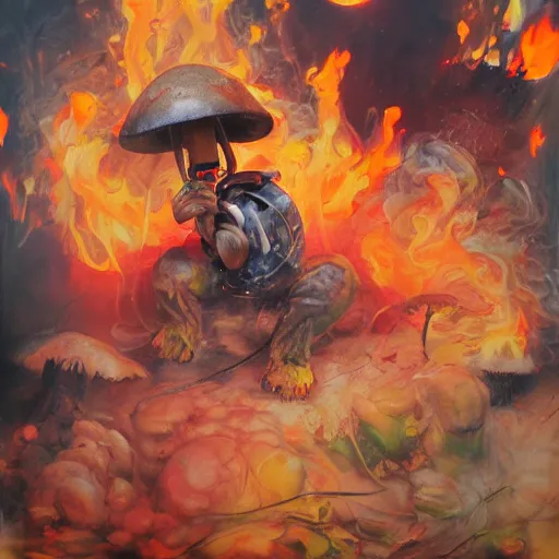 Image similar to a mushroom firefighter, fire and water, light and shadow, glowing, vivid, detailed painting, by Ross Tran, by Jenny saville and justin mortimer and ben aronson, high detail, trending on artsation, masterpiece, award winning