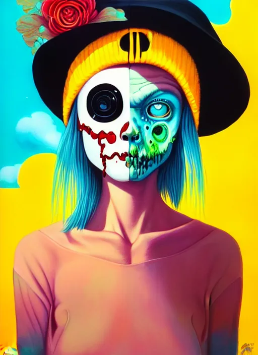 Prompt: a baby zombie in a yellow hat, tristan eaton, victo ngai, artgerm, rhads, ross draws