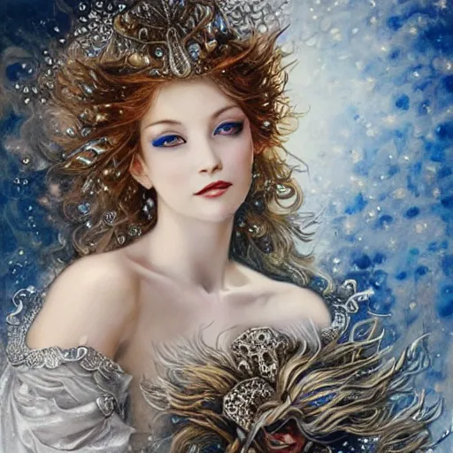 Image similar to a beautiful woman wearing a white dress made of silver with jewelry and diamonds by karol bak, ayami kojima, sakimichan, arabian blue eyes, smile, concept art, fantasy