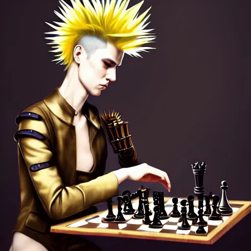 Prompt: androgynous person with spiky hair, wearing very complex steampunk armor, playing chess, oil painting, soft style, hyperrealism, beautiful, high resolution, trending on artstation