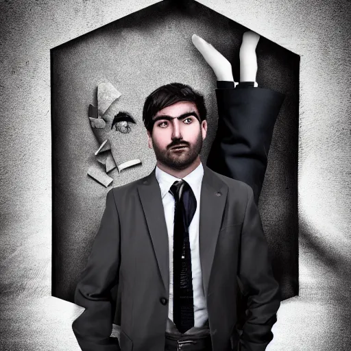 Prompt: man wearing a suit made of broken dreams, portrait, realistic, dark, eerie, sharp focus