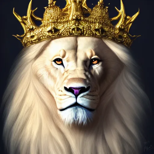 Image similar to a beautfiul aesthetic commission portrait of a anthro albino lion wearing a king's crown,attractive beautiful face,detailes face,expression,natural lighting,fantasy art,deviantart,artstation,character design by charles bowater,ross tran,4k,photorealistic