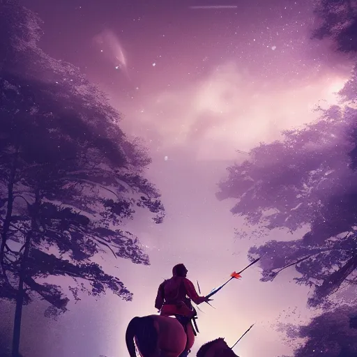 Prompt: arrows struck astronaut riding a horse in a fantasy forest, landscape, cinematic, digital art, front lit, epic, cinematic