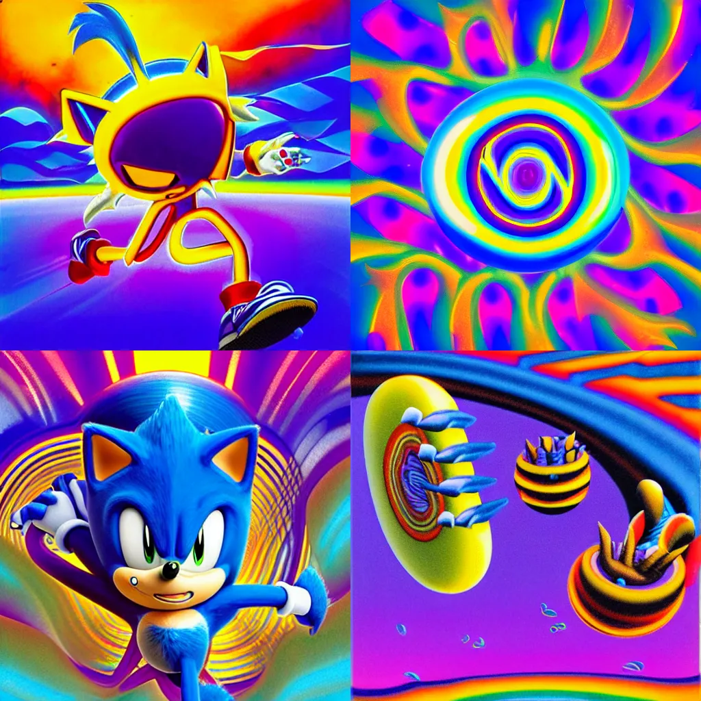 Prompt: a recursive surreal sonic the hedgehog, sharp, detailed professional, high quality airbrush art MGMT tame impala album cover of a liquid dissolving LSD DMT sonic the hedgehog surfing through cyberspace, purple checkerboard background, 1990s 1992 Sega Genesis video game album cover,