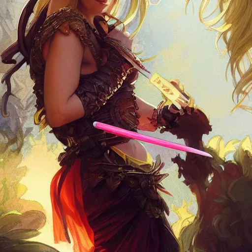 Prompt: Margot Robbie eating a lolly pop, D&D, fantasy, intricate, elegant, highly detailed, digital painting, artstation, concept art, matte, sharp focus, illustration, hearthstone, art by Artgerm and Greg Rutkowski and Alphonse Mucha