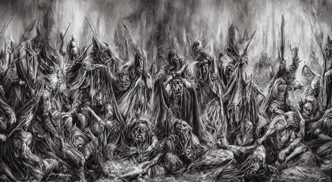 Image similar to grim painting of evil occult ritual with hooded cult members, folklore, demonic shrine, ultra realistic, concept art, intricate details, eerie highly detailed