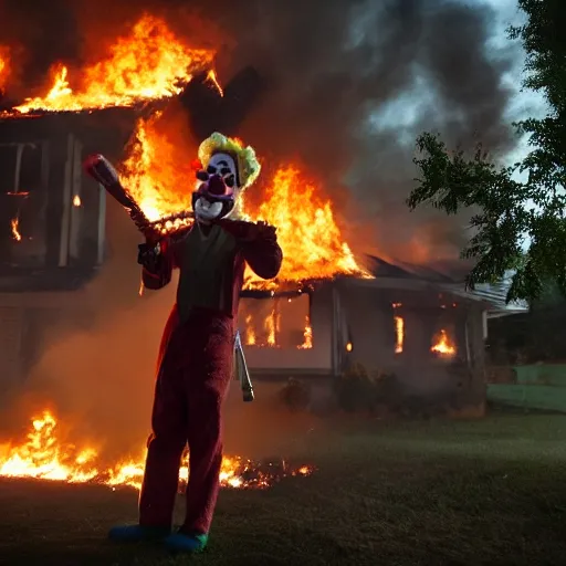 Image similar to photo of a clown using a flamethrower. In the background there is a house fire. award-winning, highly-detailed, 8K