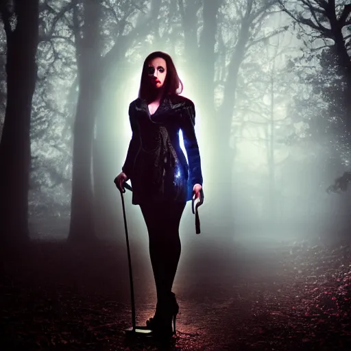 Image similar to riveting charismatic brunnette female vampire, portrait, atmospheric lighting, painted, intricate, highgate cemetery, fog, cold, volumetric lighting, beautiful, blue moon light, sharp focus, deep colours, ultra detailed, by leesha hannigan, ross tran, thierry doizon, kai carpenter, ignacio fernandez rios