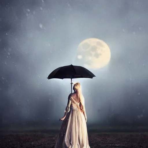 Image similar to rain, moon, knight and princess, realistic photography