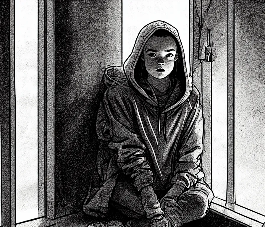 Prompt: sadie sink in hoodie sits on windowsill, knees tucked in | rain falls at night : storyboard, scifi cyberpunk. by joe alves, chris bonura, gabriel hardman. cinematic atmosphere, detailed and intricate, perfect anatomy