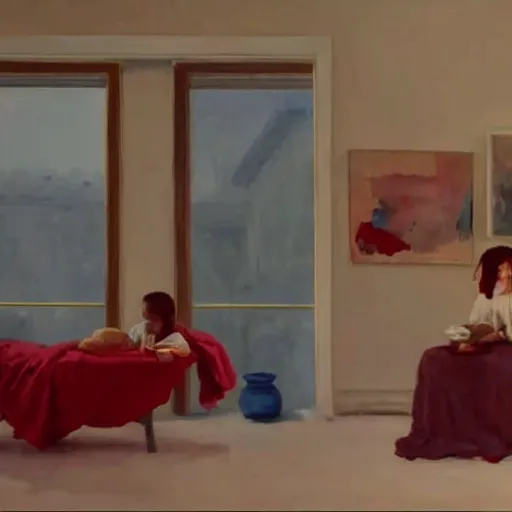 Image similar to A beautiful painting harmony of colors, simple but powerful composition. A scene of peaceful domesticity, with a mother and child in the center, surrounded by a few simple objects. Colors are muted and calming, serenity and calm. deep red, charming, YouTube by Yves Klein vfx, control the soul