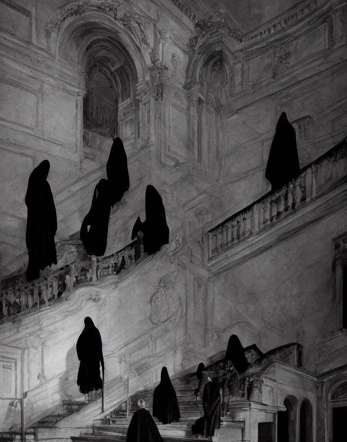 Image similar to several ritualistic figures shrouded in a long trailing dark black opaque gown, descending in tandem down a giant marble staircase in a dark room, photorealism, hyperrealism, harsh lighting, dramatic lighting, medium shot, serious, gloomy, foreboding, cinematic, creepy