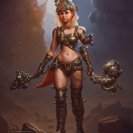 Image similar to charming muscular gnome engineer, full body portrait, metal gadgets, female, naval landscape, d & d, fantasy, intricate, elegant, highly detailed, digital painting, artstation, octane render, concept art, matte, sharp focus, illustration, herrarthstone, art by artgerm and greg rutkowski and alphonse mucha