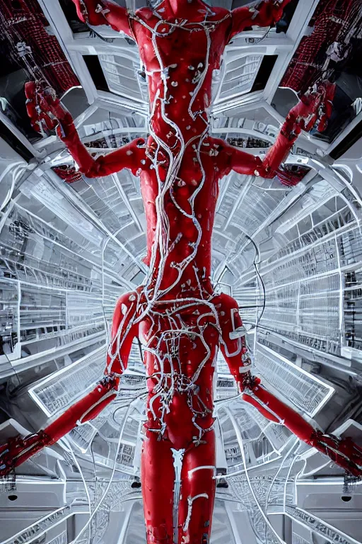 Prompt: white space station interior, white cross on background, a statue jesus on cross made of red marble, perfect symmetrical body, full body shot, inflateble shapes, wires, tubes, veins, jellyfish, white biomechanical details, wearing epic bionic cyborg implants, masterpiece, intricate, biopunk, vogue, highly detailed, artstation, concept art, cyberpunk, octane render