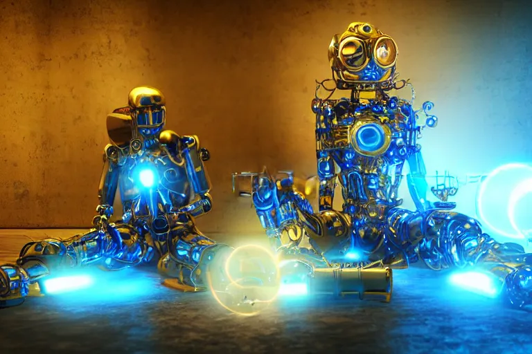 Image similar to a golden and blue metal humanoid steampunk robots wearing and gears and tubes is sitting on the ground, meditation, eyes are glowing red lightbulbs, shiny crisp finish, 3 d render, 8 k, insaneley detailed, fluorescent colors