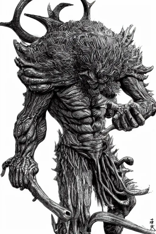 Image similar to humanoid hunched figure troll with 1 horn, fantasy, highly detailed, digital art, sharp focus, trending on art station, kentaro miura manga art style