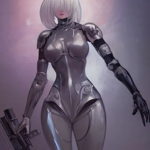 Prompt: a digital concept art by artgerm and greg rutkowski and alphonse mucha. clear portrait of 2 b nier automata in a skintight suit aiming a gun!! hyper detailed, character concept, full body!! dynamic pose, glowing lights!! intricate, elegant, highly detailed, digital painting, artstation, concept art, smooth, sharp focus, illustration