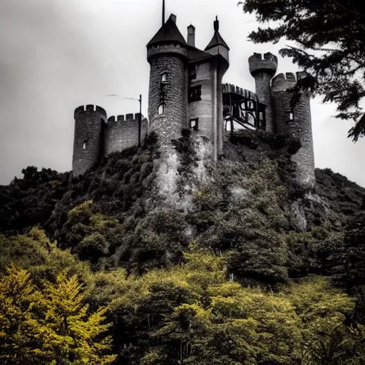 Prompt: a castle on a hill, surrounded by a dark, foreboding forest.