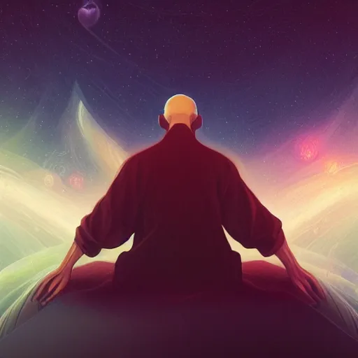 Prompt: the elegance of life, contrasting colors, cinematic, a simple textured vector based illustration, extraordinary lighting, a detailed tall man is meditating in the nebula, critical detail, atmospheric dreamscape painting, digital art, wlop by ( jeremiah ketner and leonardo da vinci and greg rutkowski ), sharp focus