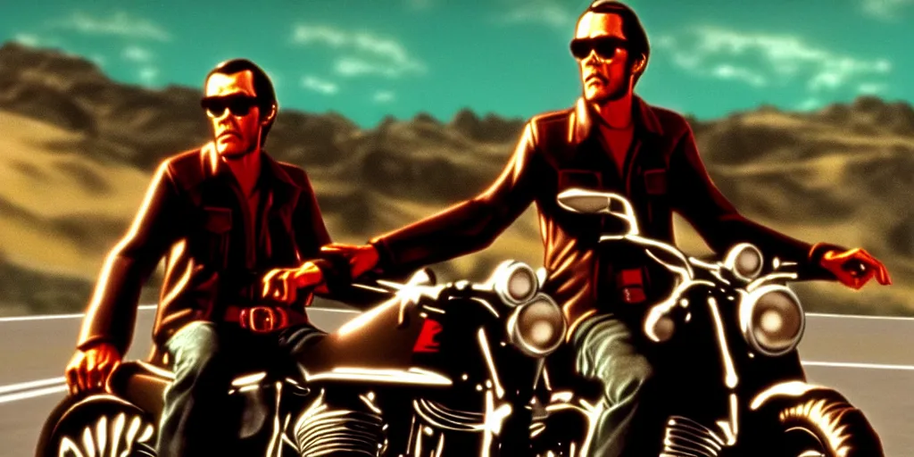 Image similar to easy rider motorcycle movie poster with henry fonda and dennis hopper : : on the road : : unreal engine, detailed