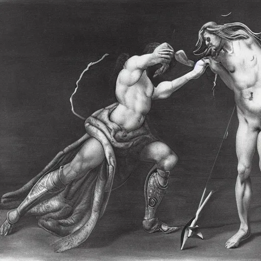 Prompt: duel between Salvador Dali and Leonardo Davinci