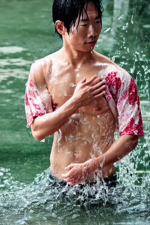 Image similar to a film still of japanese wearing kimono batik, close up face detail, muscular, wet body, model photography, wet dripping hair, emerging from the water