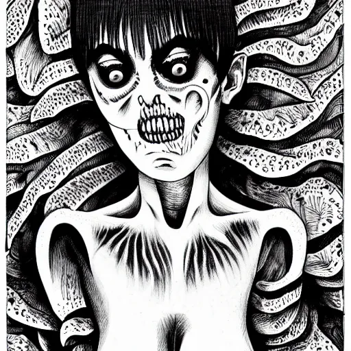 Prompt: black and white illustration creative design, monster, junji ito, body horror